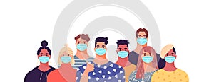 Diverse people group of young women and men wearing medical face mask