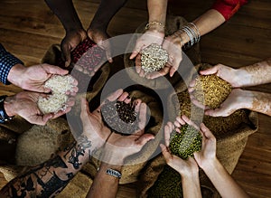 Diverse People Hands Hold Show Superfood Grains Corps photo