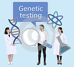 Diverse people holding genetic testing icons