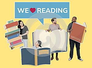 Diverse people holding reading book icons