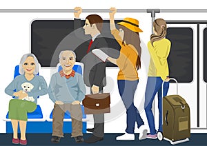 Diverse people inside metro subway train