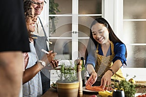 Diverse people joining cooking class