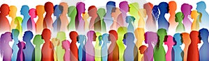 Diverse people. Large isolated group people in profile talking silhouette. Speech bubble. Crowd speaks. Concept to communicateDial