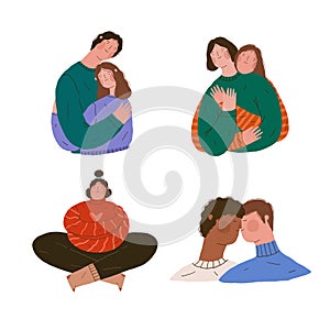 Diverse people in love. Happy hugging gay and heterosexual couples set. Flat hand drawn vector illustration for cards, postcards,