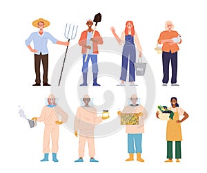 Diverse people, man and woman farm workers cartoon character set with different occupation