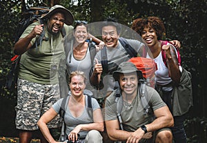 Diverse people out for trekking together