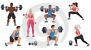 Diverse people performing various strength training exercises photo