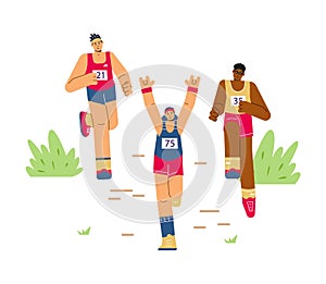 Diverse people running marathon, flat vector illustration isolated on white background.