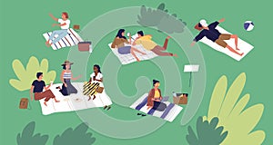 Diverse people spending time at summer park vector flat illustration. Man and woman talking, lying and sitting on plaid