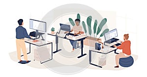 Diverse people working at contemporary workspace vector flat illustration. Man and woman employees at modern area with