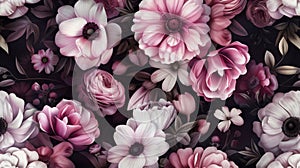 Diverse Pink Flowers Adorn Dramatic Dark Background with Botanical Splendor photo