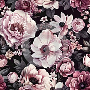 Diverse Pink Flowers Adorn Dramatic Dark Background with Botanical Splendor photo