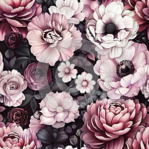 Diverse Pink Flowers Adorn Dramatic Dark Background with Botanical Splendor