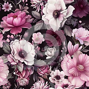 Diverse Pink Flowers Adorn Dramatic Dark Background with Botanical Splendor photo