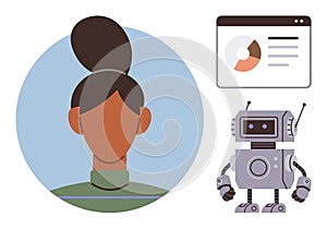 Diverse professional, data analytics chart, and robot showcasing collaboration and technology