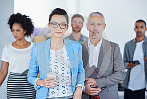 Diverse professionals. Portrait of a diverse group of businesspeople standing in an office.