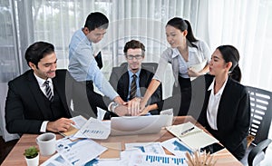 Diverse race office worker celebrate after made progress. Habiliment