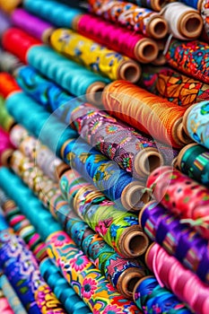 Diverse range of vibrant cotton threads on spools for sewing and embroidery aficionados