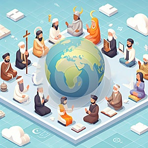 Diverse religious people praying together with a globe. AI Generated