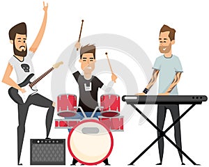 Diverse rock band performs on stage at concert. Group of musicians playing by musical instrument