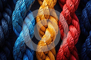 diverse ropes connected together as symbol for cooperation and working collaboration. ai generated