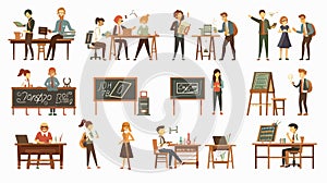 Diverse School Teachers Teaching Students in Classrooms Set