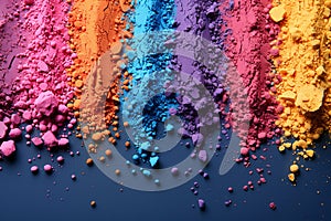 Diverse selection of colorful powders spread out on a blue background, Holi Festival of Colors celebration, copy space