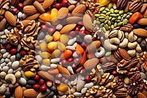 Diverse Selection of Nuts and Seeds for Vegan Cuisine Illustrating Healthy Eating and Snacking