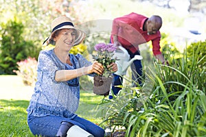 Diverse senior couple gardening in sunny garden