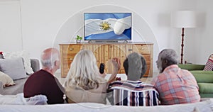 Diverse senior friends watching tv with rugby ball on flag of argentina on screen