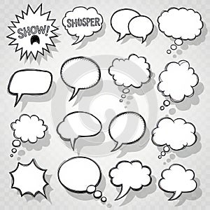 A diverse set of hand-drawn speech and thought bubbles with a sketch comic style on a transparent background, perfect for dialogue