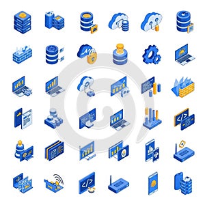Collection of 30 isometric digital technology icons for data management and cloud services