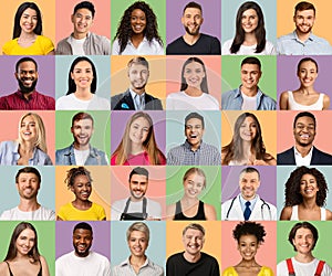 Diverse Smiling Multi Ethnic Young People Posing Over Colorful Backdrops, Creative Collage