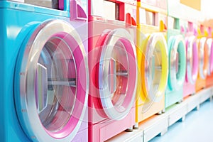 Diverse Spin Cycle Palette: Washing machines in varied hues converge, illustrating the diverse palette of the laundry