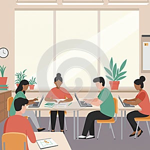 Diverse students collaborating on laptops in a bright classroom setting