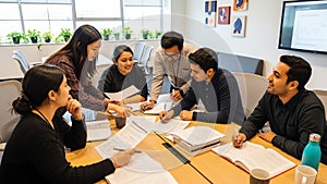 Diverse Students Collaborating on Project at Table in Modern Office Space