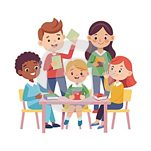 Diverse Students Collaborating at a Table, Studying and Learning Together in School