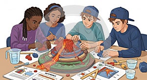 Diverse Students Engaged in a Volcano Model Science Project