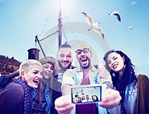 Diverse Summer Friends Fun Bonding Smart Phone Concept