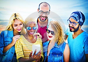 Diverse Summer Friends Fun Bonding Smart Phone Concept