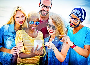 Diverse Summer Friends Fun Bonding Smart Phone Concept