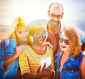 Diverse Summer Friends Fun Bonding Smart Phone Concept