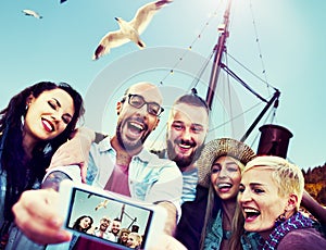 Diverse Summer Friends Fun Bonding Smart Phone Concept