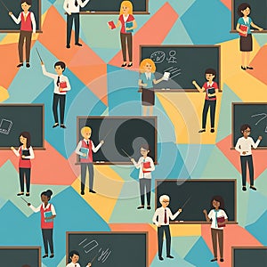 Diverse Teachers in Classroom Setting with Blackboards and Students