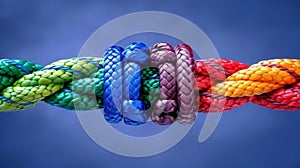 Diverse team building strength through unity and communication on colorful rope network background