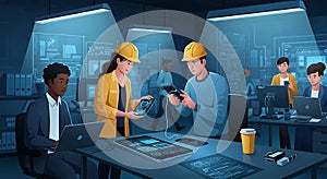 Diverse team collaborates in modern tech office analyzing data