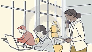 Diverse team collaborating on laptops in a modern office. vector design Generative AI