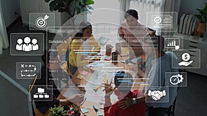 Diverse Team Collaborating on Project Management with Digital Interface Overlays in Modern Office Setting. Raster
