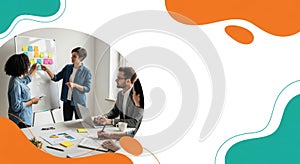 Diverse team collaborating on a project using sticky notes and whiteboards