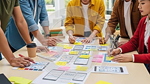 UI UX Design Team Collaborating on Mobile App Wireframes